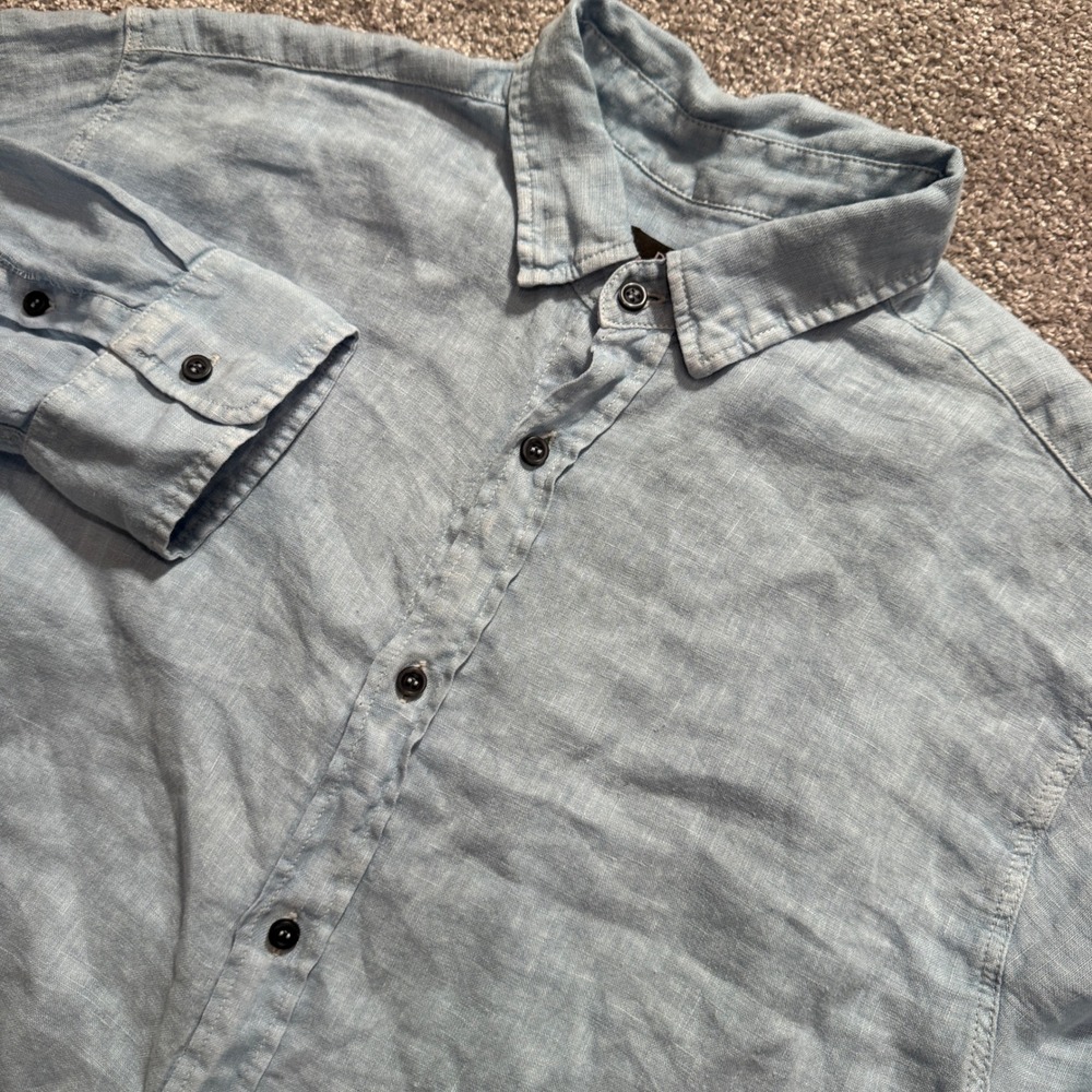 Dirty Laundry Shirt Mens XL Blue Solid 100% Linen Coastal Beach Vacation Resort